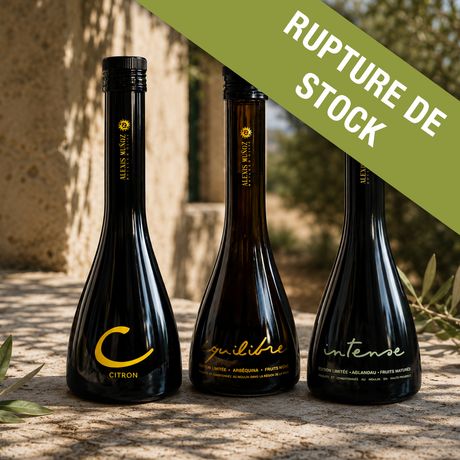 Bouteilles en verre d'huiles d'olive Editions Limtiées produites par Alexis Muñoz.