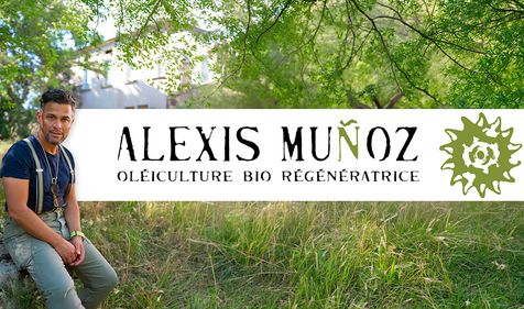 Alexis Munoz sitting outdoors in the foreground, with the “Alexis Munoz regenerative olive growing” logo on a white background.
