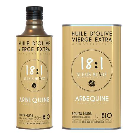 Beige 500 ml and 1L cans of Alexis Muñoz 18:1 Olive Oils - Arbequine variety, ripe fruits