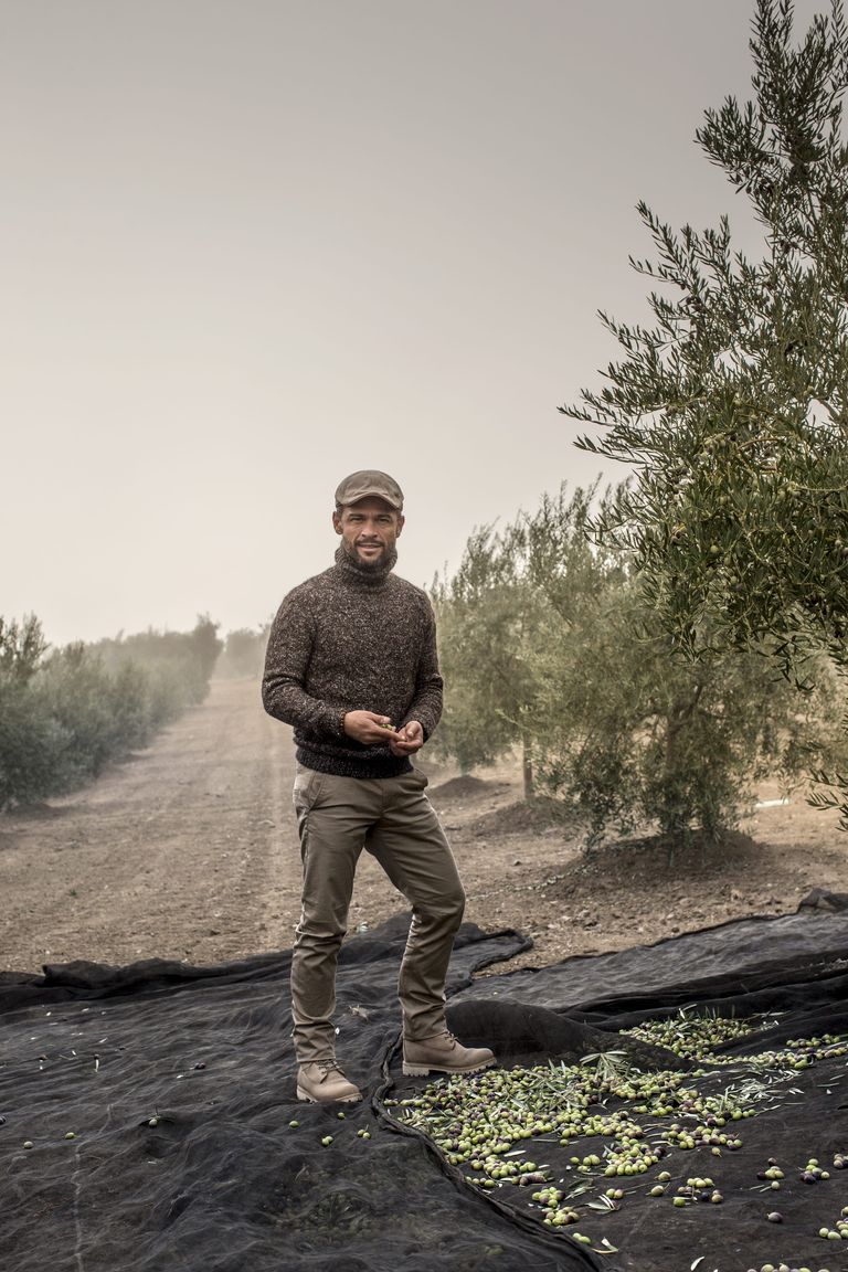 Alexis Muñoz in the olive trees with olives in his hand.