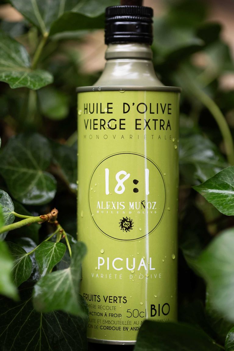 Green olive oil tin – Picual variety – with fresh green leaves in the background and a water droplet glistening on the tin