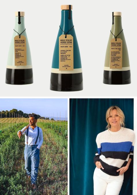 3 bouteilles en céramique bleue clair, verte et bleu turquoise, un homme dans un champs d'oliviers portant une beche et une salopette, une femme blonde portant un pull blanc