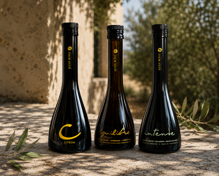 Bouteilles en verre d'huiles d'olive Editions Limitées, de la marque Alexis Muñoz, posées sur un buffet en bois avec des assiette et des couverts en argent.