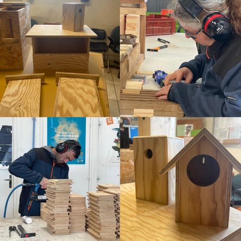 Bouts de bois pour la création de nichoirs, un homme et une femme travaillent avec des outils et portent un casque sur leurs oreilles