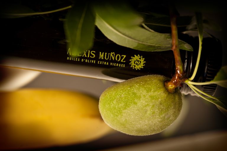 Neck of an opaque glass bottle with “Alexis Muñoz” written on it, a green olive next to it.