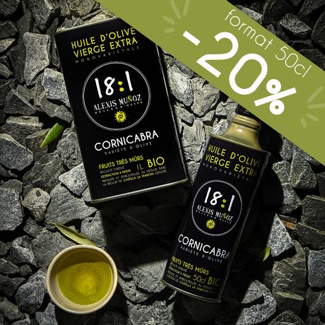 Bidon noir 500ml d'Huile d'olive 18:1 Alexis Muñoz Bio - Variété Cornicabra, fruits très mûrs
