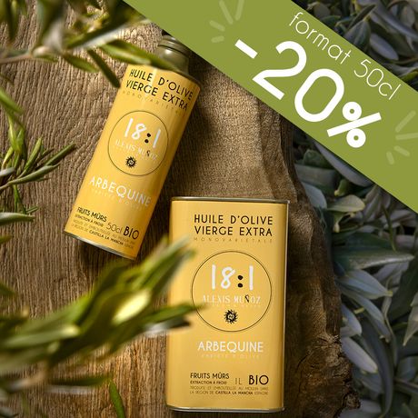 Bidon beige 500ml et 1L d'Huile d'olive 18:1 Alexis Muñoz Bio - Variété Arbequine, fruits mûrs