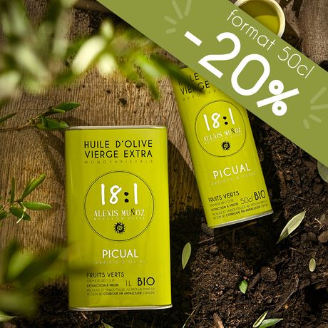 Bidon vert 500ml d'Huile d'olive 18:1 Alexis Muñoz Bio - Variété Picual, fruits verts 