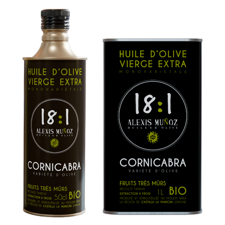 Bidon noir 500ml d'Huile d'olive 18:1 Alexis Muñoz Bio - Variété Cornicabra, fruits très mûrs