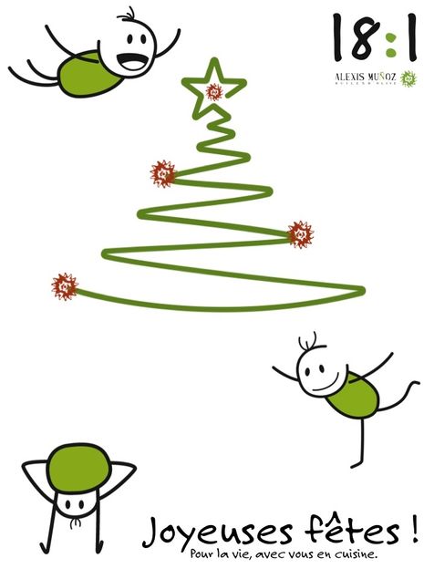 Dessin d'un sapin avec les soleils du logo de la marque Alexis Muñoz et des petits bonhommes en forme d'olive pour fête de bonnes fêtes