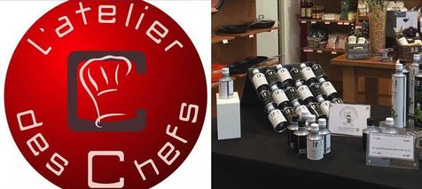 Logo de L'Atelier des chefs et les bidons cylindriques de 250ml noir et bland d'huiles d'olive 18:1, produites par Alexis Muñoz.