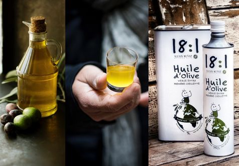 Bouteille d'huile d'olive transparente, zoom sur la main d'Alexis Muñoz tenant un gobelet de dégustation d'huile d'olive et un bidon d'huile d'olive blanc carré de la marque Alexis Muñoz 18:1