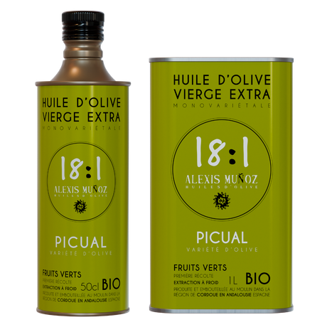 Green 500 ml cans of Alexis Muñoz 18:1 Olive Oils - Picual variety, green fruits