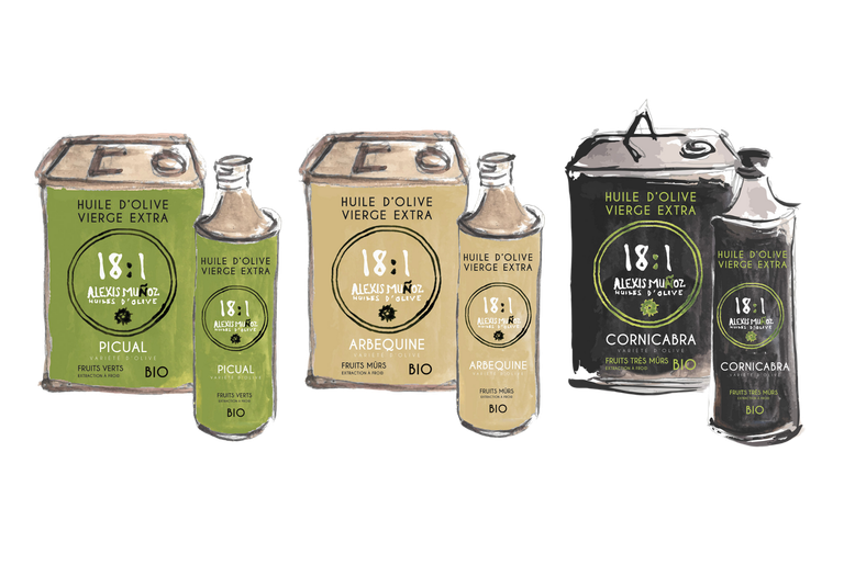 Illustration aquarelle des 3 variétés d'huiles d'olive vierge extra bio 18:1 de la marque Alexis Muñoz : Picual, Arbequine et Cornicabra, représentées avec des bidons de différents couleurs, mettant en avant maturité et variété de fruits.