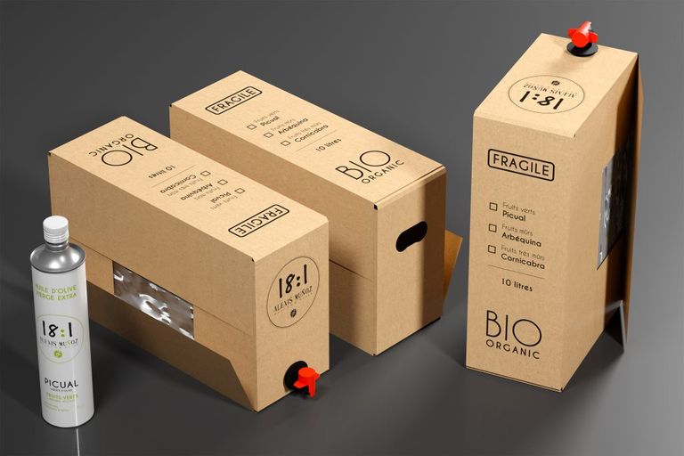 Three cartons containing olive oil inside.