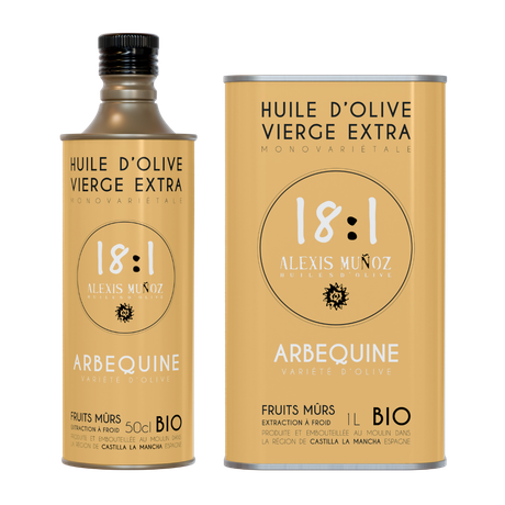 Beige 500 ml and 1L cans of Alexis Muñoz 18:1 Olive Oils - Arbequine variety, ripe fruits