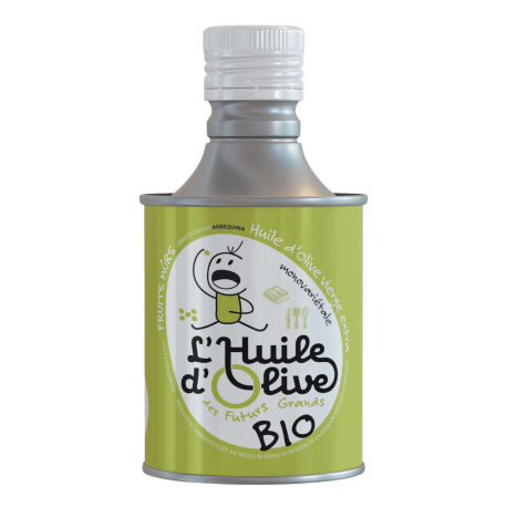 Bidon de l'huile d'olive des Futurs grands, variété Arbequine, fruits mûrs de la marque Alexis Muñoz