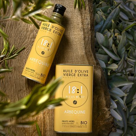 Bidon beige 500ml et 1L d'Huile d'olive 18:1 Alexis Muñoz Bio - Variété Arbequine, fruits mûrs