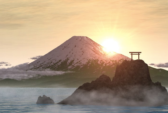 Mount Fuji in Tokyo, Japan, snow-capped with a sunrise in the background and a torii gate.