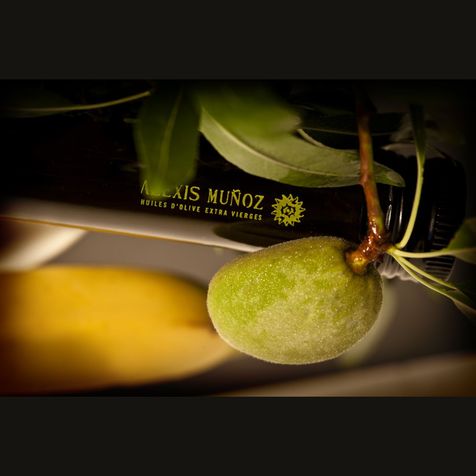 goulot d'une bouteille d'huile d'olive alexis muñoz édition limitée, entourée d'une branche d'olivier, une feuille et une olive verte, sur fond sombre