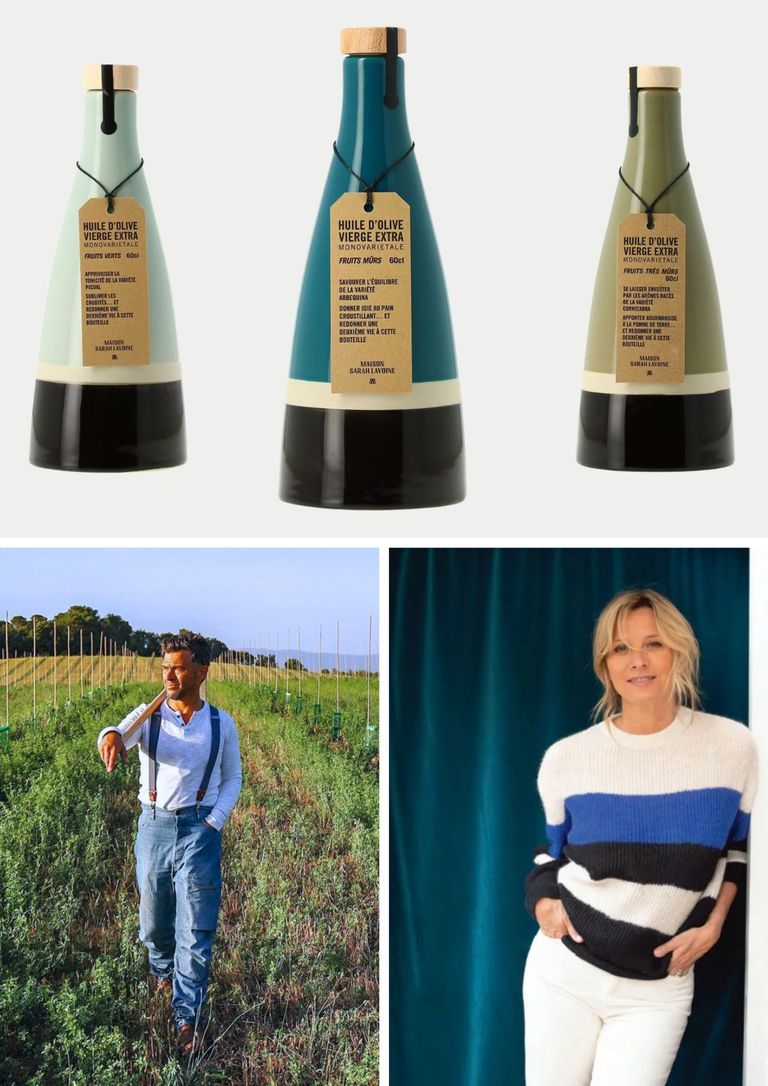Three ceramic bottles in light blue, green, and turquoise. An man in an olive grove, holding a hoe and wearing overalls. A blonde woman wearing a white sweater.