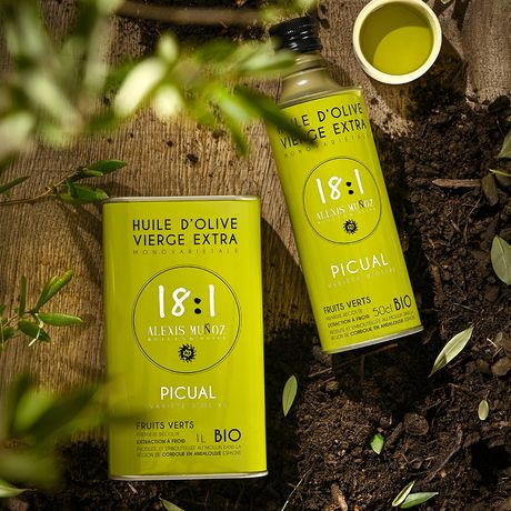 Bidon vert 500ml d'Huile d'olive 18:1 Alexis Muñoz Bio - Variété Picual, fruits verts 