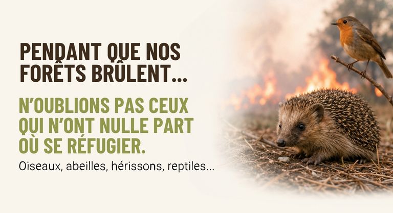 Forest wildfire with a hedgehog and bird representing biodiversity conservation