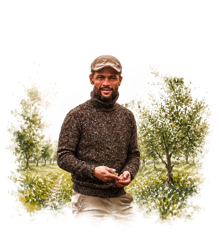Alexis Muñoz touchant des olives mûres encore sur l'arbre, sous un soleil éclatant.