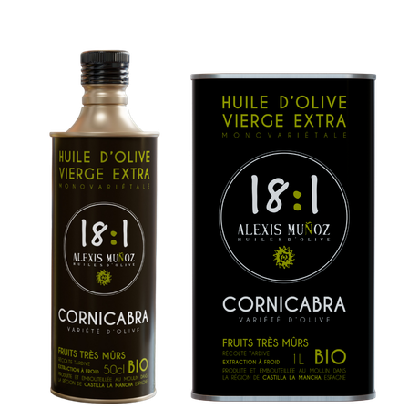 Black 500 ml cans of Alexis Muñoz 18:1 Olive Oils - Cornicabra variety, very ripe fruits